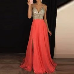 Split Sleeveless V-Neck A-Line Sequins Women's Maxi Dress