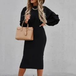 Formal Mid-Calf Long Sleeve Stand Collar Bodycon Women's Dress -Rountine Shop 12e58db6 2f7a 4f83 ac11 5a830fe92045