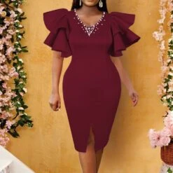 V-Neck Knee-Length Short Sleeve Bead Summer Women's Bodycon Dress