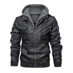 Hooded Plain Standard Patchwork Men's Leather Jacket