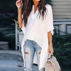 Plain Asymmetric V-Neck Mid-Length Women's Blouse