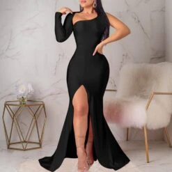 Floor-Length Split Long Sleeve Oblique Collar Pullover Women's Maxi Dress