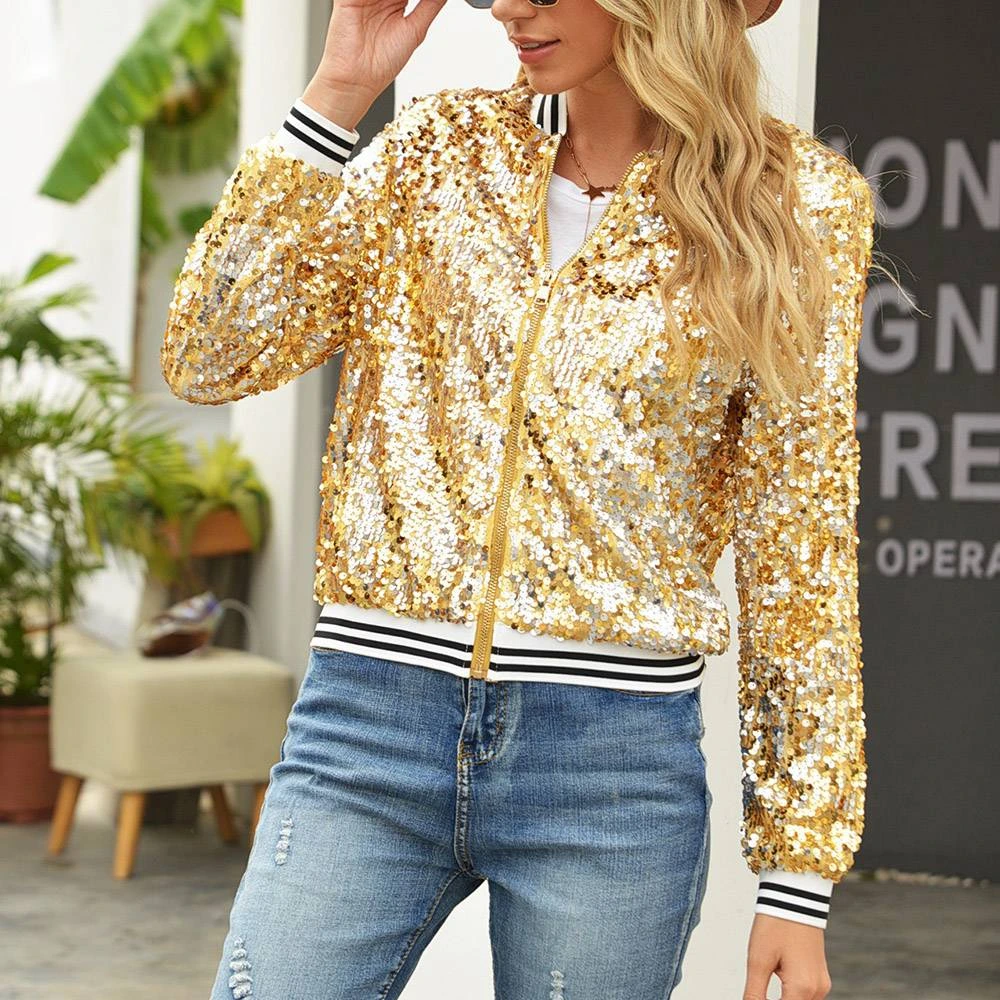 Slim Sequins Long Sleeve Zipper Fall Women's Jacket 3 Slim Sequins Long Sleeve Zipper Fall Women's Jacket - Image 3