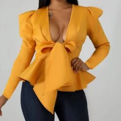 Bowknot Plain Long Sleeve Women's Blouse