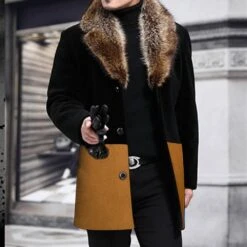 Mid-Length Patchwork Lapel Color Block Slim Men's Coat