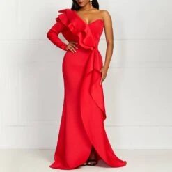 Falbala Long Sleeve One-Shoulder Asymmetric Split Women's Maxi Dress
