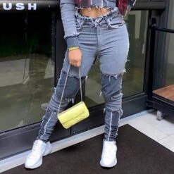 Color Block Patchwork Pencil Pants Skinny Women's Jeans