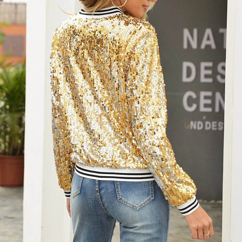 Slim Sequins Long Sleeve Zipper Fall Women's Jacket 4 Slim Sequins Long Sleeve Zipper Fall Women's Jacket - Image 4