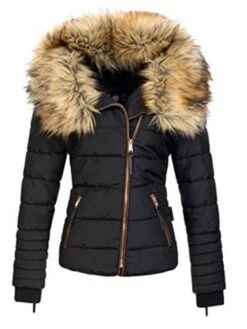 Faux Fur Collar Zipper Patchwork Women's Overcoat