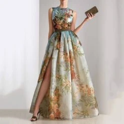 Floral Maxi Dress Floor-Length Color Block Print Sleeveless Pullover Women's Wedding Guest Dress