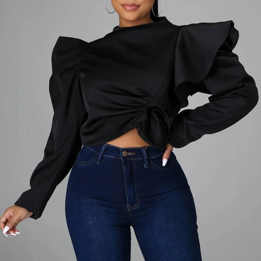 Stand Collar Plain Patchwork Long Sleeve Pullover Women's Blouse 6 Stand Collar Plain Patchwork Long Sleeve Pullover Women's Blouse - Image 6