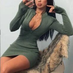 Above Knee Stand Collar Long Sleeve Bodycon Women's Dress