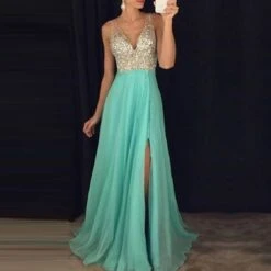 Split Sleeveless V-Neck A-Line Sequins Women's Maxi Dress -Rountine Shop 31e6bdaf 6e75 4a38 9339 bf4a5c9535d9