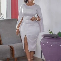 Split Round Neck Long Sleeve Mid-Calf Bodycon Women's Dress