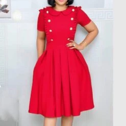 Pleated Peter Pan Collar Short Sleeve Regular Women's Day Dress