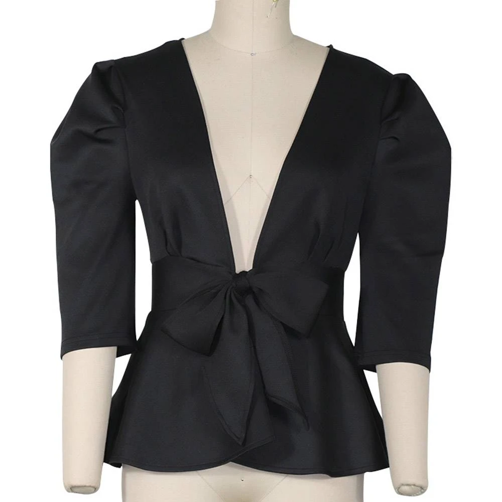 Lace-Up Plain Puff Sleeve Half Sleeve Women's Blouse 7 Lace-Up Plain Puff Sleeve Half Sleeve Women's Blouse - Image 7