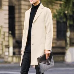 Korean Slim Lapel Mid-Length Plain Men's Coat -Rountine Shop 3cbcf6ea ef3b 4bff 955e 3f3663f03ddd