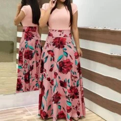 Floral Maxi Dress Short Sleeve Round Neck Print Floor-Length Floral Women's Rose Quartz Dress