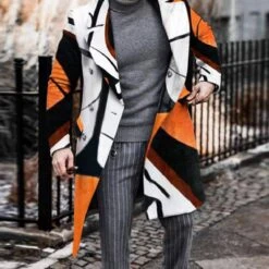 Notched Lapel Color Block Long Print Winter Men's Coat