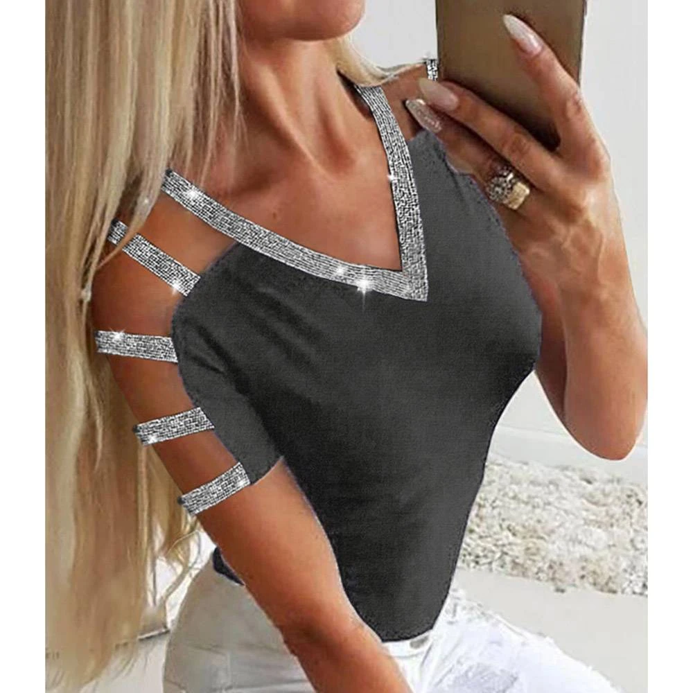 Short Short Sleeve Color Block V-Neck Fashion Women's T-Shirt 3 Short Short Sleeve Color Block V-Neck Fashion Women's T-Shirt - Image 3