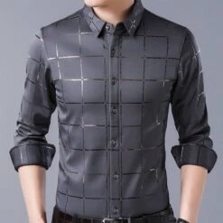 Plaid Lapel Buttons Slim Long Sleeve Men's Shirt