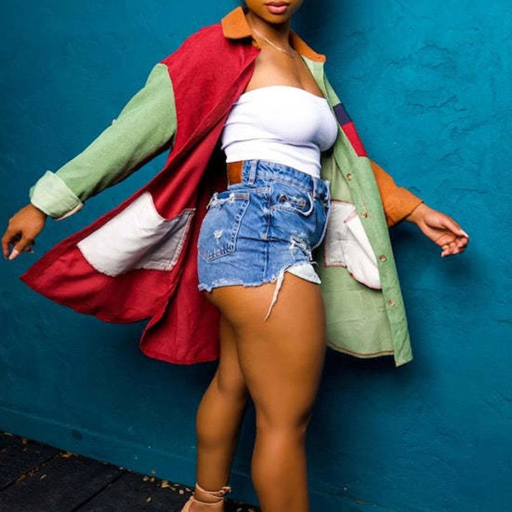 Patchwork Single-Breasted Loose Long Sleeve Mid-Length Women's Jacket 2 Patchwork Single-Breasted Loose Long Sleeve Mid-Length Women's Jacket - Image 2