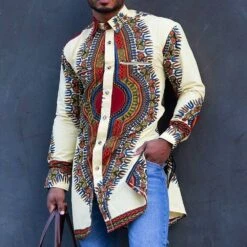 Dashiki Lapel Geometric Mid-Length Fall Men's Shirt