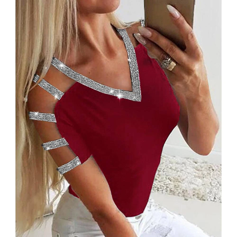 Short Short Sleeve Color Block V-Neck Fashion Women's T-Shirt 2 Short Short Sleeve Color Block V-Neck Fashion Women's T-Shirt - Image 2