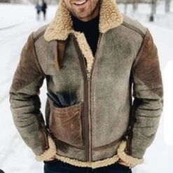 Lapel Fleece Color Block Pocket Slim Men's Jacket