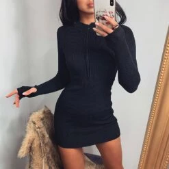 Above Knee Stand Collar Long Sleeve Bodycon Women's Dress -Rountine Shop 4dc95c24 f36f 4bc3 b05a b5468048b541