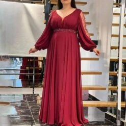 Draped Floor-Length V-Neck Long Sleeves Evening Party Dress 2022