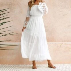 See-Through Off Shoulder Long Sleeve A-Line Women's Maxi Dress