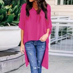 Plain Asymmetric V-Neck Mid-Length Women's Blouse -Rountine Shop 6c7e2f00 813b 4f05 9c09 4099b26d4564
