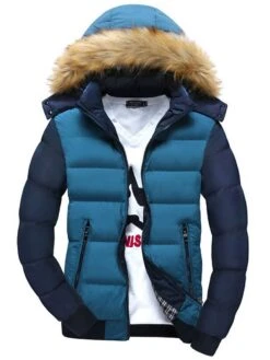 Polyester Faux Fur Contrast Color Men's Cotton Coat With Hat -Rountine Shop 75cc834f fa77 4b77 8e1e ffade712d52a
