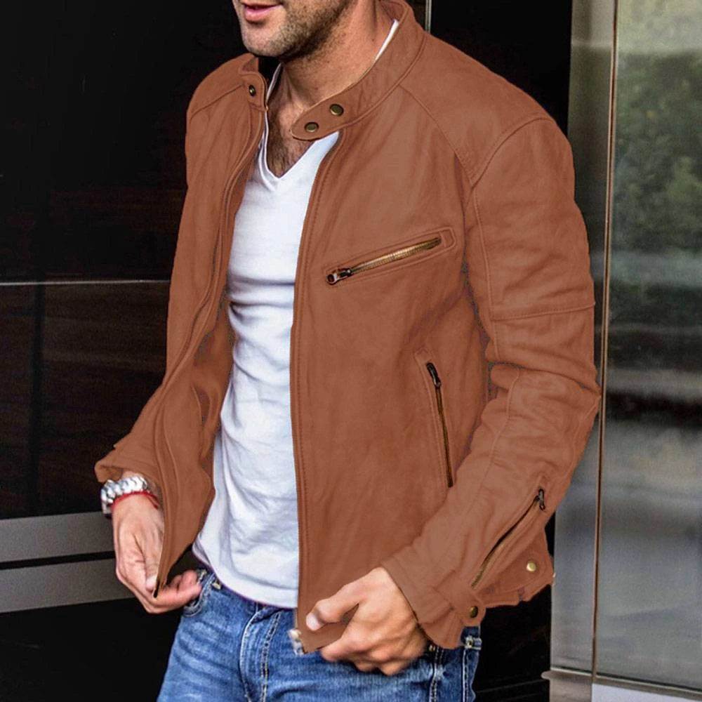 Fashion Plain Standard Stand Collar Zipper PU Men's Leather Jacket 2 Fashion Plain Standard Stand Collar Zipper PU Men's Leather Jacket - Image 2