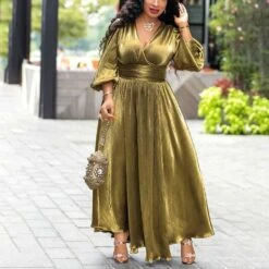 V-Neck Three-Quarter Sleeve Split Floor-Length High Waist Women's Maxi Dress -Rountine Shop 82d6d91b df8f 4fdf 8a51 4811f5b78c7f