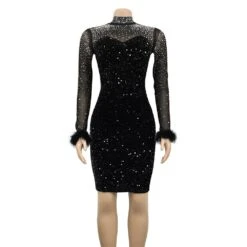 Stand Collar Long Sleeve Rhinestone Above Knee Party Bodycon Women's Dress -Rountine Shop 87898a4f 6f68 4876 bbc9 993c9996267f