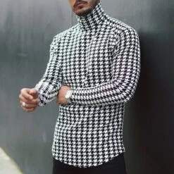 Houndstooth Casual Turtleneck Slim Men's T-shirt