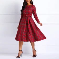 Red Plaid Knot Women's Day Dress