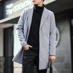 Korean Slim Lapel Mid-Length Plain Men's Coat -Rountine Shop 905bb437 37b8 4898 bc5e 24a4d87b17d4