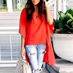 Plain Asymmetric V-Neck Mid-Length Women's Blouse -Rountine Shop 90a703c8 d191 494e b3ca b6209f52b8b8