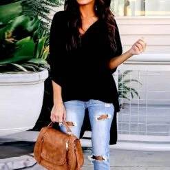 Plain Asymmetric V-Neck Mid-Length Women's Blouse -Rountine Shop 919c4a12 9066 4412 89bf 6fc3623e716a