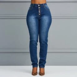 Button Pencil Pants Plain High-Waist Women's Jeans