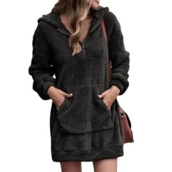 Long Sleeves Pocket Plain Mid-Length Pullover Hooded Women's Hoodie -Rountine Shop 95900227 ca51 4769 96da 7ecb59503cfd