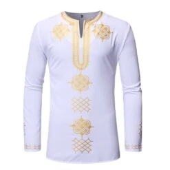 Dashiki African Fashion Style V-Neck Golden Print Casual Color Block Men's Shirt