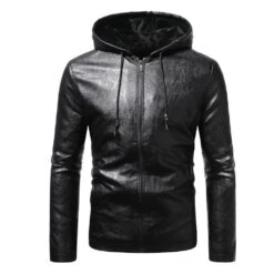 Hooded Plain Standard Slim Men's Leather Jacket