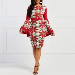 Floral Prints Bell Sleeve High Waist Bodycon Dress