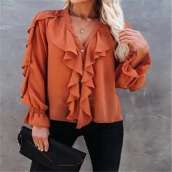 Plain Patchwork V-Neck Long Sleeve Women's Blouse