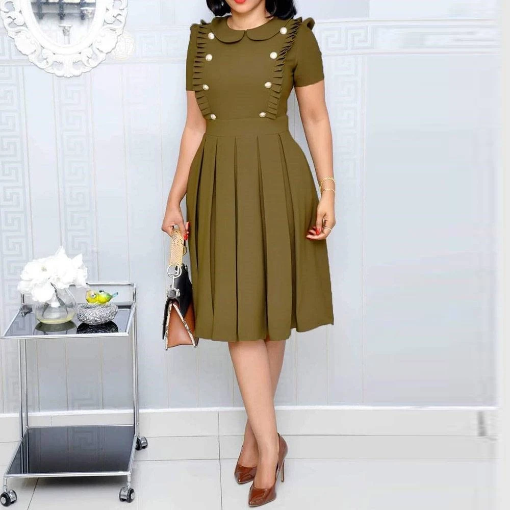 Pleated Peter Pan Collar Short Sleeve Regular Women's Day Dress 5 Pleated Peter Pan Collar Short Sleeve Regular Women's Day Dress - Image 5