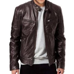 Standard PU Stand Collar Plain Men's Leather Jacket